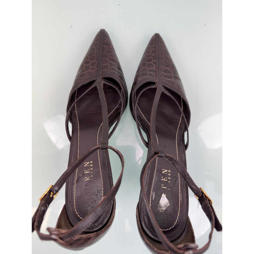 Lauren Ralph Lauren Brown Croc Embossed T Strap Kitten Heels Pointed Toe 8.5 y2k - Picture 9 of 11